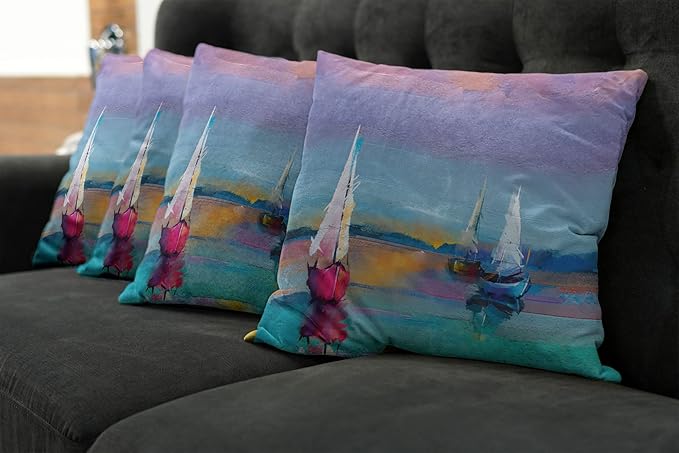 Ambesonne Abstract Oil Painting Decorative Throw Pillow Case Pack of 4, Modern Art with Boat Sail on The Sea Illustration of Nautical Motifs, Cushion Cover for Couch Living Room Car, 16", Purple Teal