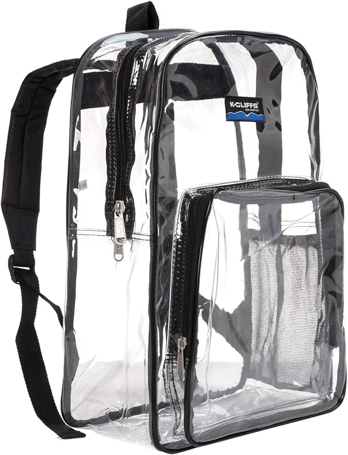K-Cliffs Large Transparent Backpack Clear Heavy Duty School Bag Durable Student Bookbag See Through Vinyl Daypack Workbag