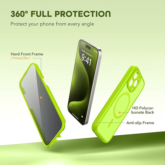TIESZEN for iPhone 15 Pro Max Case, Compatible with MagSafe, Built-in Privacy Screen Protector and Camera Protection, Anti Spy Full Body Dustproof Shockproof Hard Phone Case 6.7", Matte Green