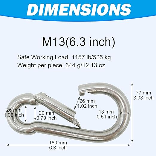 304 Stainless Steel Carabiners -6.3 inch Heavy Duty, Durable & Rust-Free Clips for Gym, Swing, Dog Leashes, Hammocks, Keychains, and More(304,M13,Pack of 2)