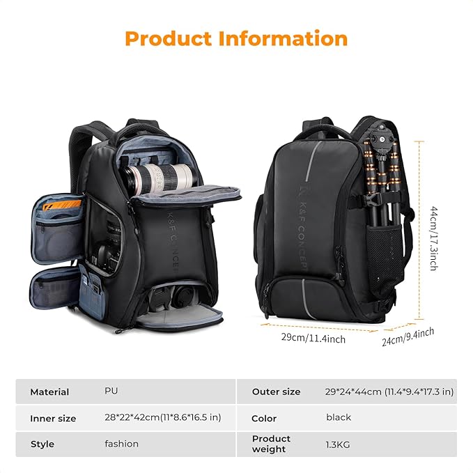 K&F CONCEPT Camera Backpack,25L Large Capacity Camera Bag for Photographers with Raincover and 15.6 Inch Laptop Compartment Compatible for Canon/Nikon/Sony/DJI Mavic Drone