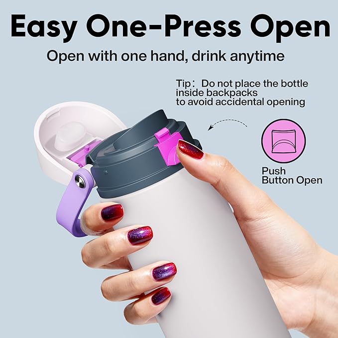 Insulated Water Bottle with Straw - Encool Stainless Steel Water Bottle with Push Button Lid, Leak-Proof & BPA-Free, Keeps Cold for 24 Hours for Sports, Travel, Gym (24 oz, Oyster Pink)