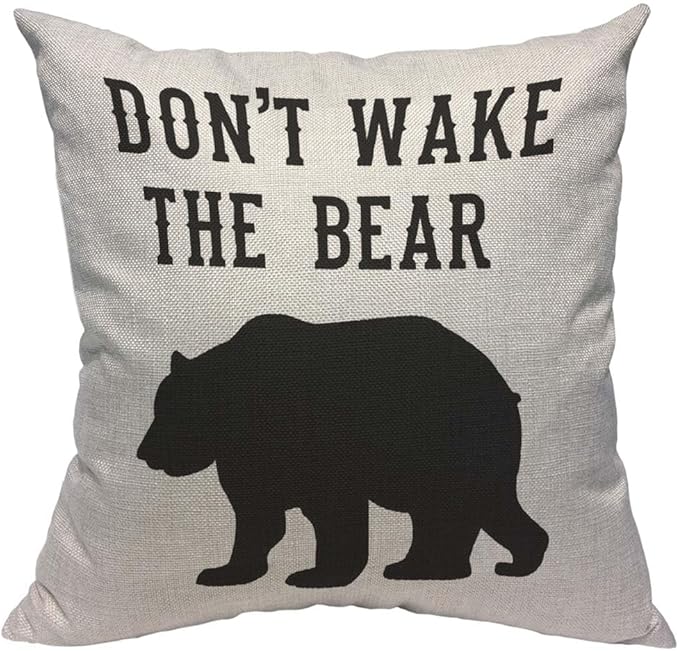 TKS MITLAN Don't Wake The Bear Decorative Pillow Covers Cool Animal Bear Black White Rustic Linen Throw Pillow Covers 18x18 Inch for Sofa Couch Decoration