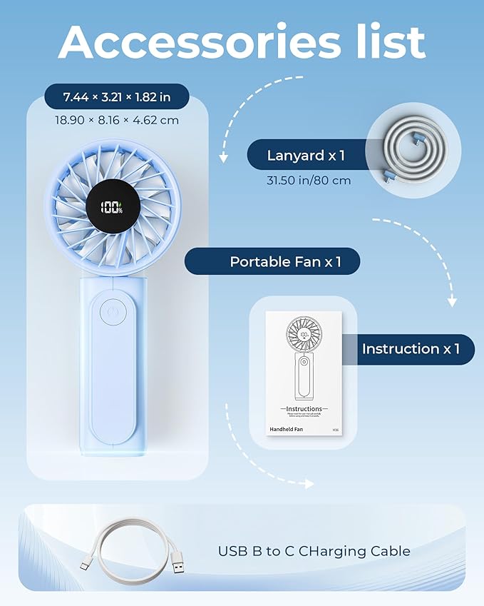 Peiyuu Portable Fan, 4000mAh Rechargeable, 180° Foldable Mini Desk Fan with 6 Wind Speed, LCD Digital Display, Lanyard as Neck Fan, Ultra Quiet, Pocket Size for Indoor Outdoor