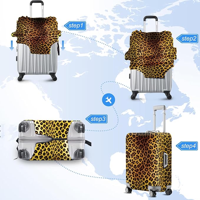 ANNA QUEEN Vintage Leopard Pattern Travel Luggage Cover -Stretchable Airplane Suitcase Protector Sleeve,Universal Washable Fit for 32-34 Inch Checked Baggage,Water Resistant Durable Luggage Protector