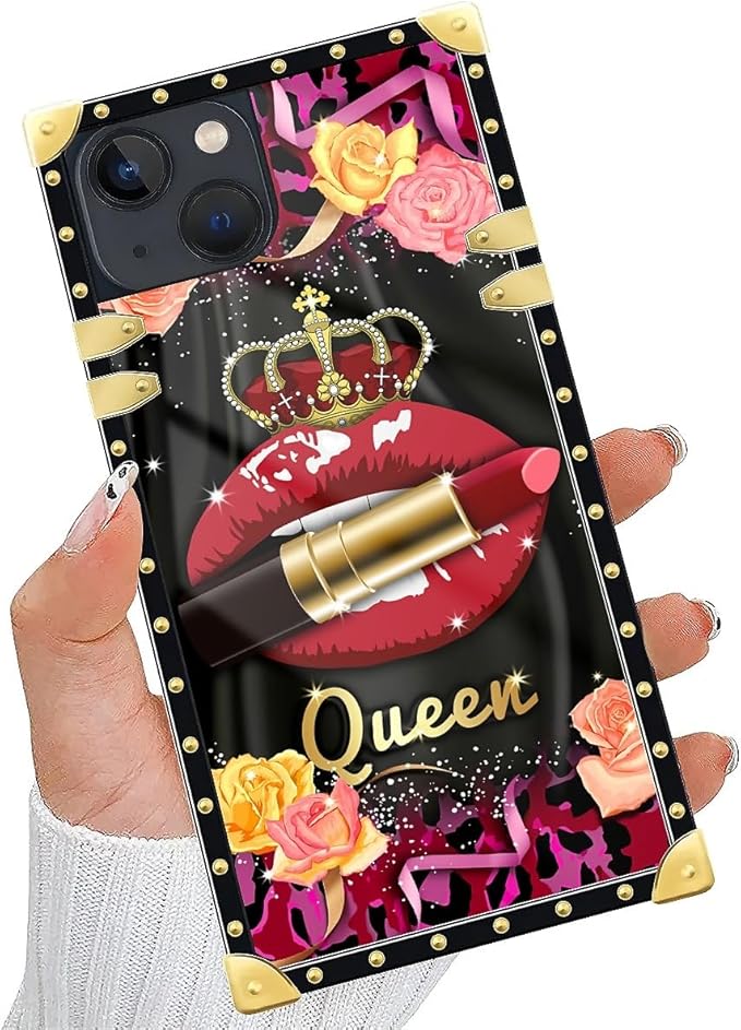Compatible with iPhone 15 Case, Queen Lip Crown Leopard Print Luxury Golden Decoration for Girl Women Soft TPU Shockproof Protective Hard PC Back for iPhone 15
