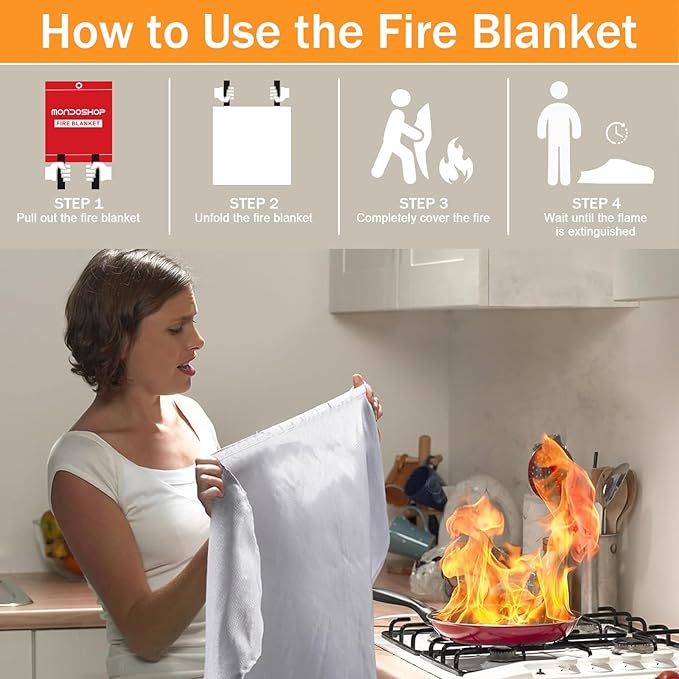 Mondoshop Fire Blanket Emergency for Home and Kitchen - 2 Pack 60"x60" Fire Blankets Fire Resistant Blanket for Camping, Grill, Car, Office, Warehouse, School, Picnic, Garages, Workshops