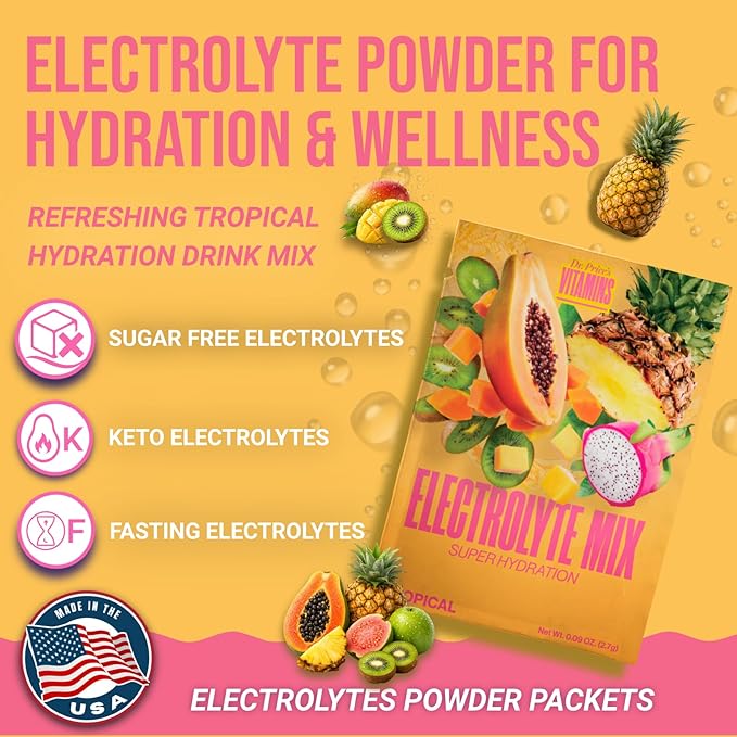 Dr. Price’s Electrolytes Hydration Powder Packets – Tropical, 30 Packs | Sugar Free Electrolyte Drink Mix, 72+ Trace Minerals, Manganese | Keto Electrolytes, Vegan, Doctor-Formulated, Made in USA