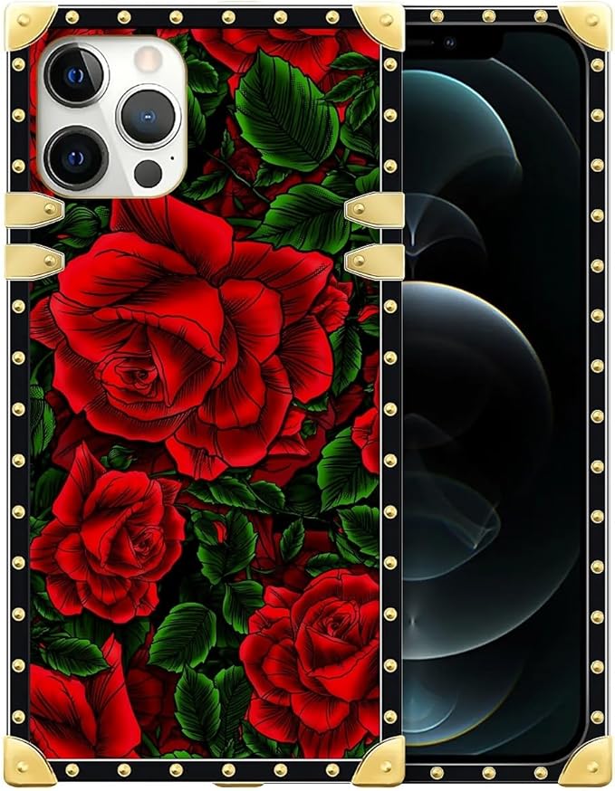 Compatible with iPhone 12 12 Pro Case, Vector Red Rose Green Leaf Luxury Golden Decoration for Girl Women Soft TPU Shockproof Protective Hard PC Back for iPhone 12 12 Pro