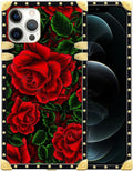 Compatible with iPhone 12 12 Pro Case, Vector Red Rose Green Leaf Luxury Golden Decoration for Girl Women Soft TPU Shockproof Protective Hard PC Back for iPhone 12 12 Pro
