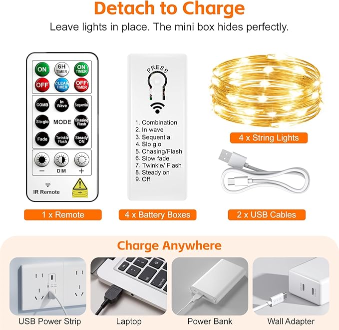 4 Pack 50 LED Fairy Lights Battery Operated with DIY Timer, 16FT Rechargeable Indoor String Lights, 8 Modes Mini Twinkle Lights for Tree Craft Bedroom Vase Wedding Party Decor, Warm White
