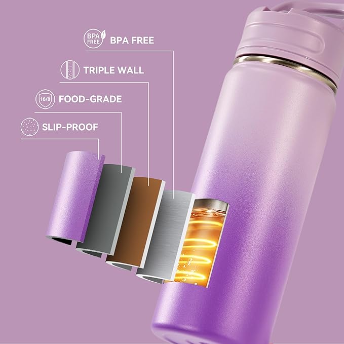 Fijinhom 2 Pack 18oz Insulated Stainless Steel Water Bottle with Straws, Double Wall Vacuum Insulated Bottles, Metal Thermo for Travel, Sports, Leak-Proof, BPA Free, Women & Men, Purple&Pink Gradient