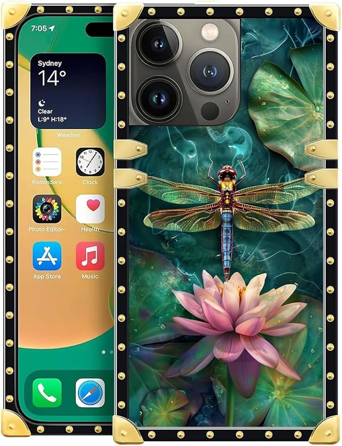 Compatible with iPhone 14 Pro Case, Colourful Dragonfly Pink Lily Pads Luxury Golden Decoration for Girl Women Soft TPU Shockproof Protective Hard PC Back for iPhone 14 Pro