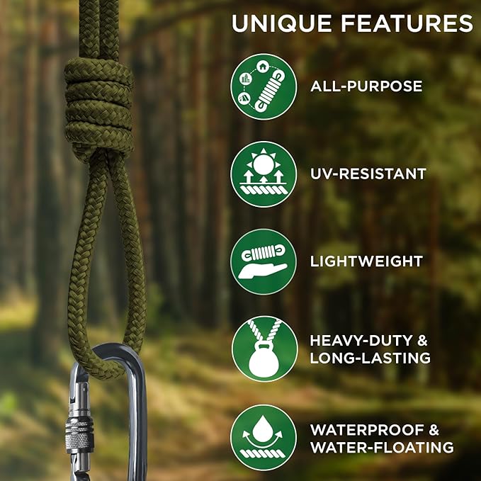 TECEUM Rope – 90 Feet x 3/8 Inch (10mm) – Army Green – Strong All-Purpose Utility Rope – Camping, Crafting, Flag Pole, Indoor & Outdoor – Polypropylene Nylon Poly Lightweight Diamond Braided Cord