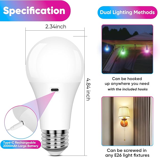 2-Pack A19 Rechargeable Light Bulbs with Remote, 15 Colors Shift + Dimmable Battery Operated Detachable LED Bulbs with 3 Timer, Wireless Emergency Puck Light Bulb for Lamps Wall Sconce, Non-Hardwired
