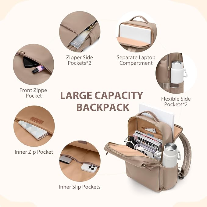 Laptop Backpack for Women, Work Business Traval Computer Backpacks with Laptop Compartment Waterproof Casual Daypack for Travel College,16Inch,Champagne Brown