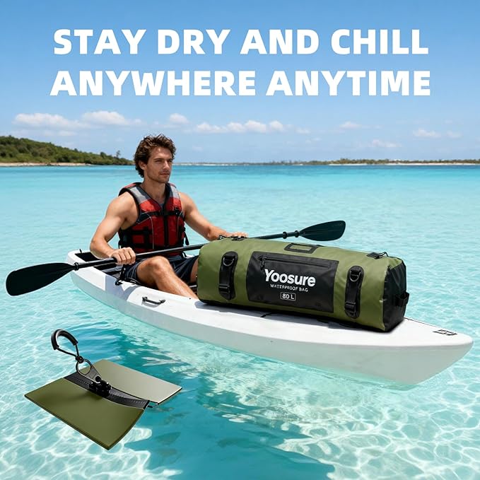 80L Waterproof Duffel Bag Motorcycle Dry Bag Backpack, Waterproof Zippered Bags with Backpack Spacer Pad for Kayaking Rafting Boating Canoeing Camping Paddle Beach (Green)