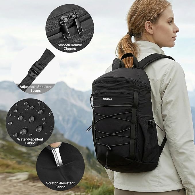 G4Free Hiking Backpack for Women Men 20L Lightweight Travel Backpacks Daypack Outdoor Daily Camping, Black
