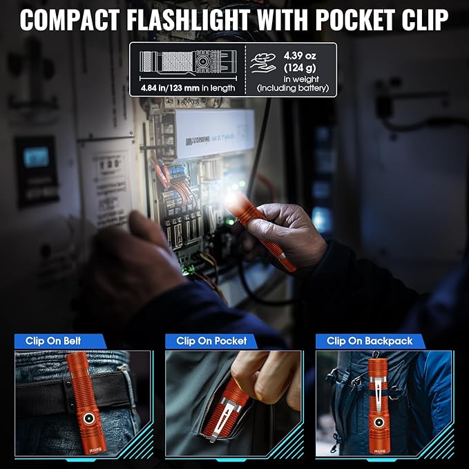 Rechargeable Tactical Flashlights, High Lumens Small Mini USB-C LED Flashlight, Compact EDC Flash Light, 4 Modes&Memory Function, Waterproof Pocket Lights for Home,Camping,Emergency (2, Orange)
