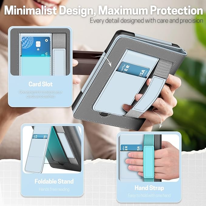 TNP Stand Case for Kindle Paperwhite 12th Generation 2024 / Kindle Colorsoft Signature Edition with Hand Strap & Card Slot - 7" PU Leather Protective Folio Cover with Auto Wake/Sleep, Light Blue