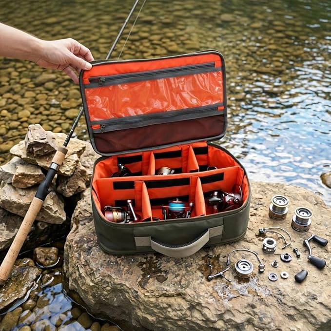 Kylebooker Fly Fishing Reel and Gear Case, Portable Tackle Organizer Storage Travel Bag for Spinning Baitcasting Fly Reels