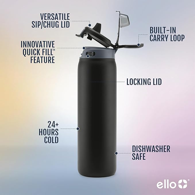 Ello Pop & Fill 22oz Stainless Steel Water Bottle with Quick Fill Technology, Double Walled and Vacuum Insulated Metal, Leak Proof Locking Lid, Sip and Chug, Reusable, BPA Free, Tonal Black