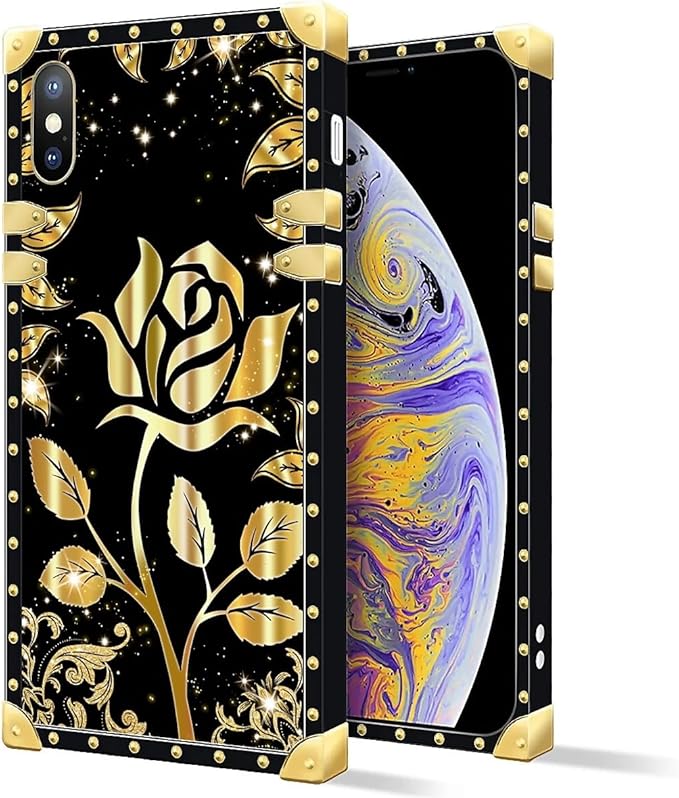 Compatible with iPhone Xs Max Case, Shine Gold Rose Luxury Golden Decoration for Girl Women Soft TPU Shockproof Protective Hard PC Back for iPhone Xs Max