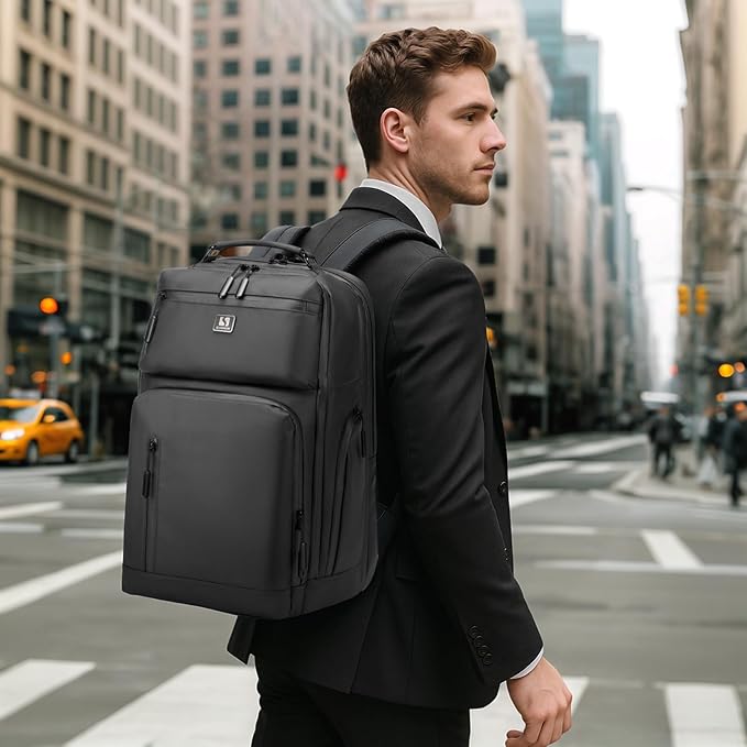 Expandable Business Backpack with 17" Laptop Compartment - Waterproof, Airline Approved, 33L-42L Capacity, for Work & Travel, Black