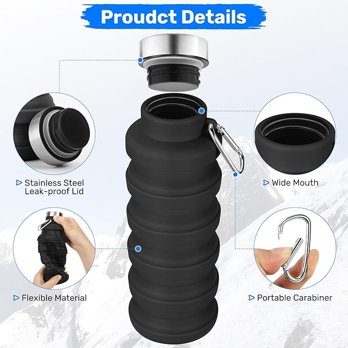 Collapsible Water Bottle, 16oz Portable Reusable Silicone Water Bottle, BPA-Free Leak-Proof Foldable Design with Carabiner, Lightweight Durable for Gym, Travel, Camping, Hiking, Sports(Gray+Blue)