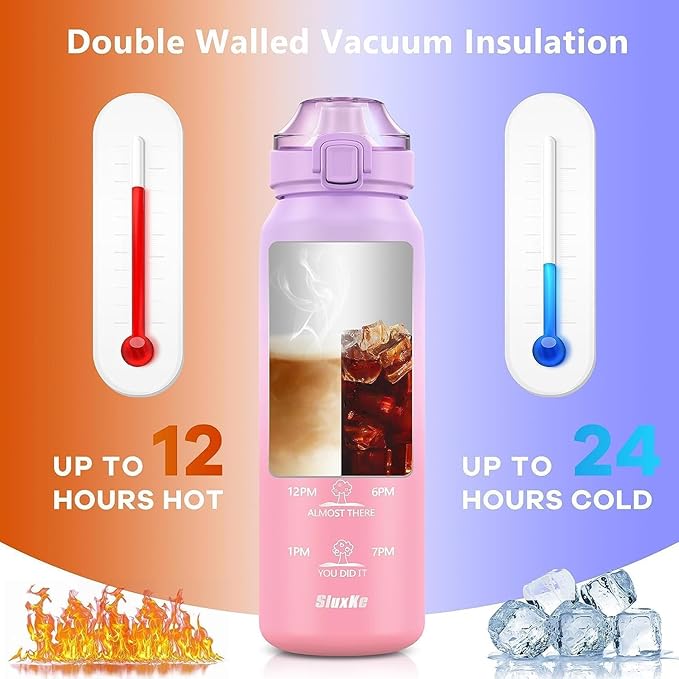 SLUXKE Stainless Steel Insulated Water Bottles 17oz with Handle, Double Wall Insulated Bottle with Time Marker BPA Free, 500ml Metal Water Flask for Outdoor Working School PURPLE PINK