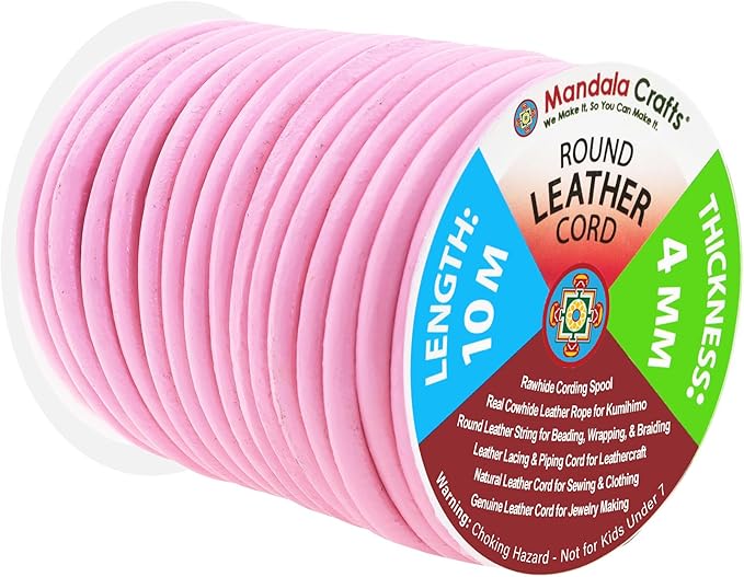 Mandala Crafts Round Genuine Pink Leather Cord for Jewelry Making – 4mm Cowhide Leather Rope String Lace for Kumihimo – 11 Yards Cowhide Craft Cording Spool