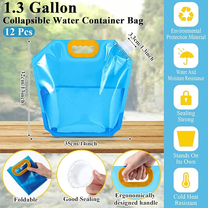 Tessco for you 12 Pack 1.3 Gallon Collapsible Water Storage Bag Water Container Emergency Jug Plastic Storage Pouch Freezable Carrier Tank Foldable Bottle for Outdoor Sport Camping (Blue)