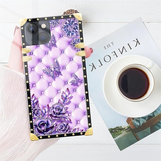 Compatible with iPhone 14 Case, Purple Butterfly Flowers Leaf Luxury Golden Decoration for Girl Women Soft TPU Shockproof Protective Hard PC Back for iPhone 14