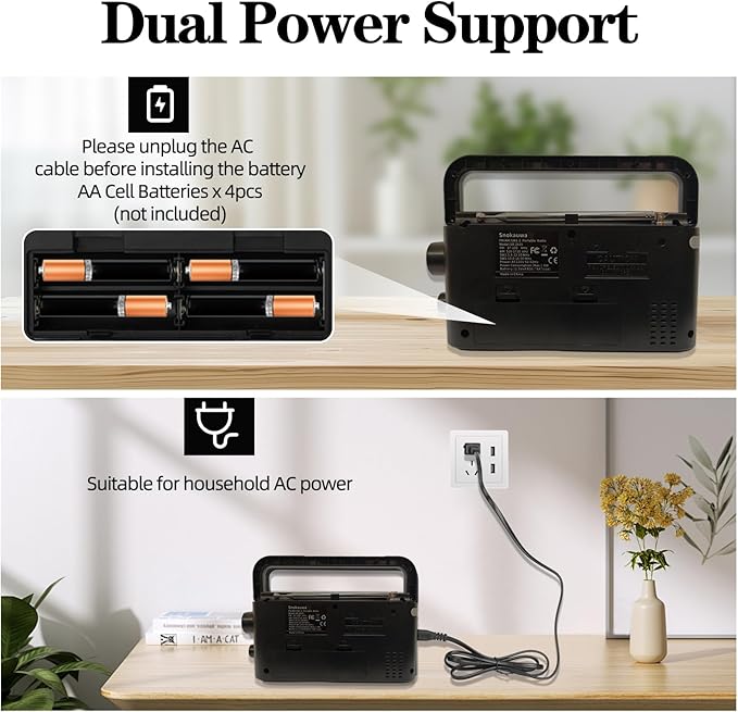 Portable Weather Radio AM FM SW, Wall Plug and Battery Powered, Transistor Radio with Bluetooth, Big Speaker, Large Dial, High/Low Tone Mode, Earphone Jack, Flashlight for Home and Outdoor