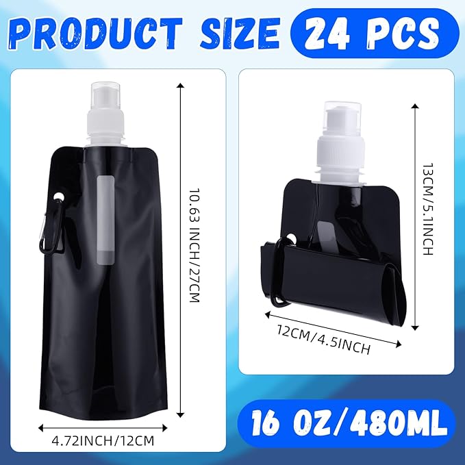 Teenyyou 24 Pack Collapsible Water Bottles Bulk 16oz Foldable Water Bottles with Carabiner Reusable Drinking Leak Proof Container Bags for Sport Biking Hiking Camping Travel Outdoor (Black)