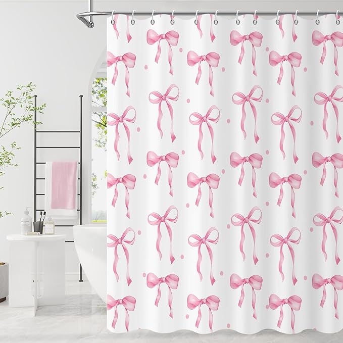 Pink Bow Shower Curtain, Pink and White Modern Aesthetic Bowknot with Polka Dot Cute Girly Bathroom Curtain Waterproof Fabric Machine Washable with Hooks, 72" Wx96 L