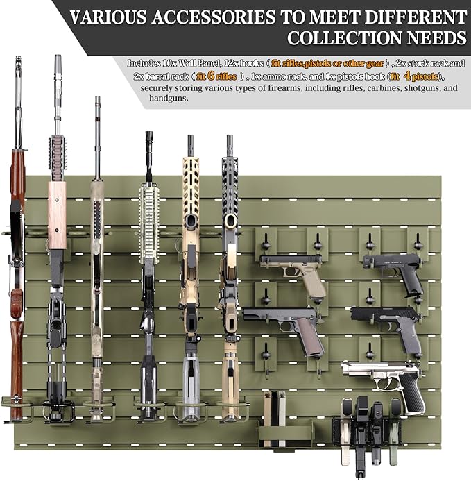 Wall Rack System - Aluminium Heavy-Duty Tactical Storage for Rifles, Carbines, Shotguns & Handguns, Modular Slatwall Organizer Holds up to 6 Rifles, 10 Pistols & 4 Mags