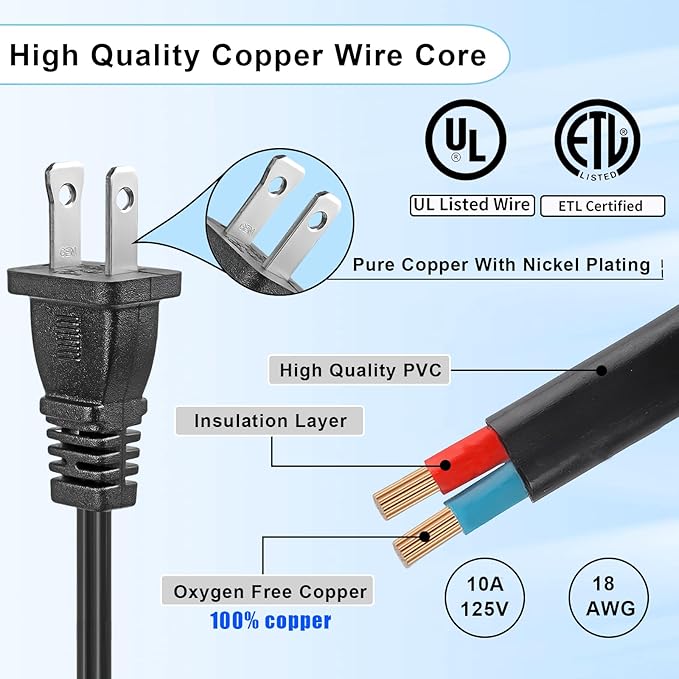 3 FT Extension Cord,2-Prong Small and Thin Extension Cords Male-Female Power Cable for NEMA 1-15P to NEMA 1-15R Cable Polarity,Short Extension Cord Black