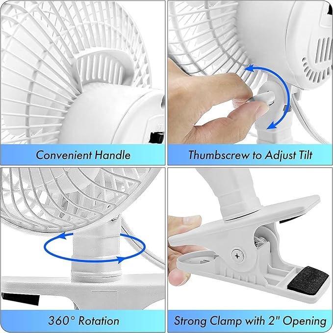 Comfort Zone 6-Inch Corded Clip-On Personal Fan – 2-Speed Quiet Desk Fan with 360° Rotation, Fully Adjustable Tilt & Secure Strong Clamp – Mini Air Circulator for Desks, Bedside & Office