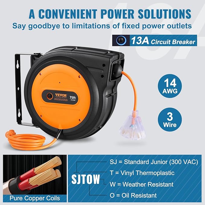 VEVOR Retractable Extension Cord Reel, 75 FT, Heavy Duty 14AWG/3C SJTOW Retractable Power Cord with Lighted Triple Tap Outlet, 13 Amp Circuit Breaker 180° Swivel Bracket for Ceiling or Wall Mount