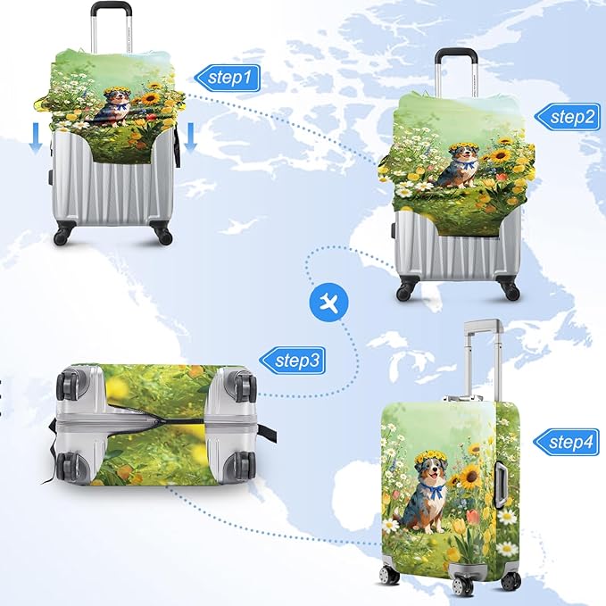 ANNA QUEEN Spring Cute Dog Travel Luggage Cover-Flower Stretchable Airplane Suitcase Protector Sleeve,Universal Washable Fit for 32-34 Inch Checked Baggage,Water Resistant Durable Luggage Protector