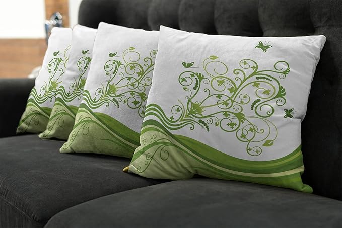 Ambesonne Vines Throw Pillow Cushion Case Pack of 4, Butterflies Leaves Flowers Colorful Nature Tones Print, Modern Accent Double-Sided Digital Printing, 20", Lime Green