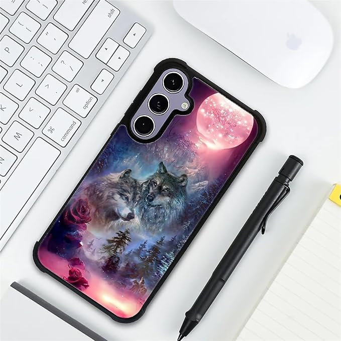 for Samsung Galaxy S24 S25 Case, Star Two Wolfs Howling Pattern Graphic Design Girl Boy Soft Silicone Hard Acrylic Shock Protection for Samsung Galaxy S24 S25