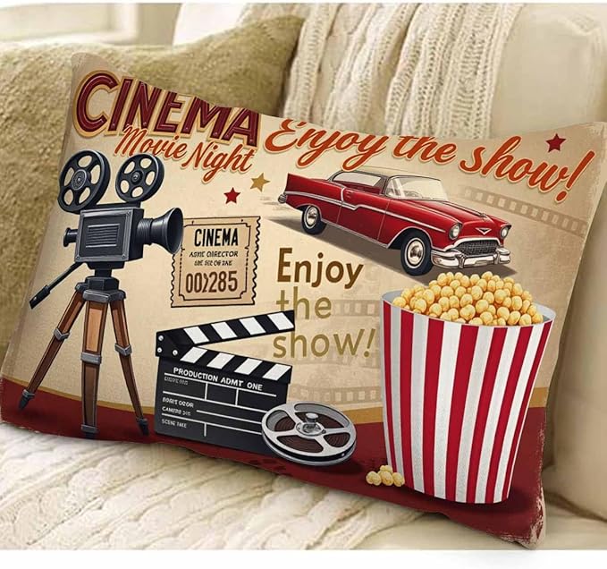 EKOBLA Throw Pillow Case 12x20 Inch Cinema Retro Poster Letters Movie Night Enjoy The Show Pop Corn Projector Studio Decorative Throw Pillow Cover Rectangle Cushion Covers Cotton Linen 12x20 Inch
