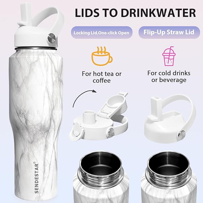SENDESTAR 32oz Water Bottle Wide Mouth Stainless Steel Vacuum Insulated Double Wall with Straw Lids Fit in Any Car Cup Holder,Marbling