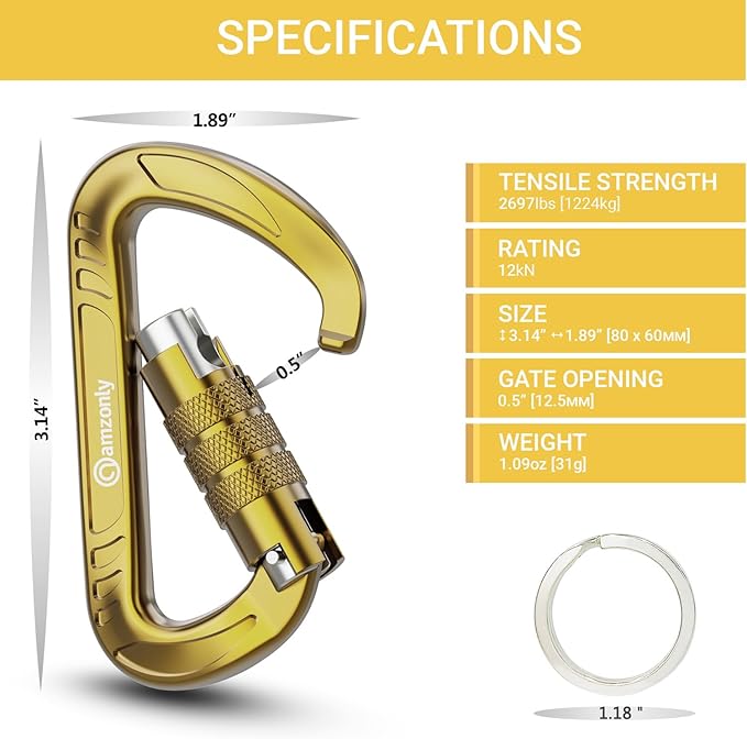 3inch Auto Locking Carabiner Clips Heavy Duty, 12KN /2697lbs Lightweight keychain carabiners, Sturdy Twist Lock Caribeeners for Camping Hiking Hammock Swing Backpack, dog leash and Harness etc