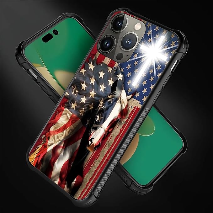 for iPhone 13 Pro Max Case, Red American Flag Horse Cross Pattern Graphic Design Girl Boy Soft Silicone Hard Acrylic Shock Protection for iPhone 13 Pro Max