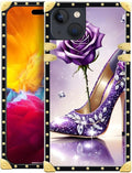 Compatible with iPhone 15 Case, High Heeled Purple Diamond Rose Luxury Golden Decoration for Girl Women Soft TPU Shockproof Protective Hard PC Back for iPhone 15