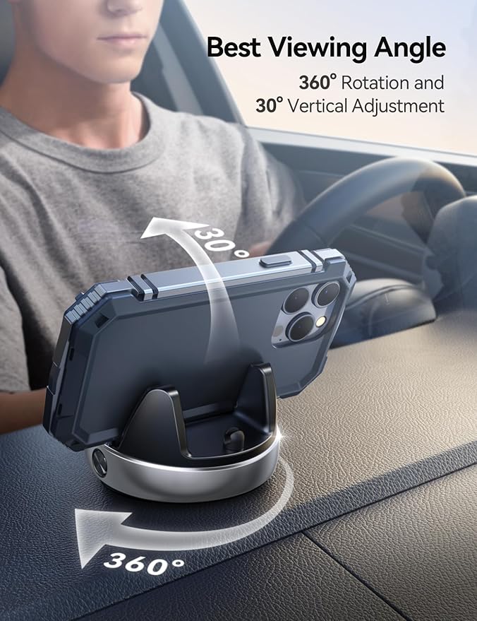 JOYROOM Car Phone Holder, [Adjustable Spring Design] Dashboard Cell Phone Holder Compatible with Popsocket, 360°Rotatable & Vertical 30°Adjustable Mount for Car, Silver