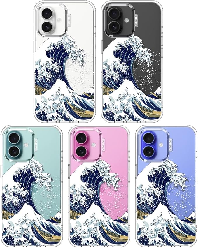 MOSNOVO Case for iPhone 16, [Buffertech 6.6ft Military-Grade Drop Protection] [Anti Peel Off Tech] Clear TPU Bumper Phone Case Cover Design - Great Wave